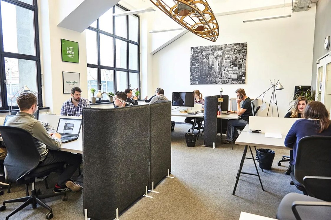Coworking Space: Coworking Space mit höhenverstellbaren Tischen und Monitoren und viel Tageslicht lädt zum produktiven Arbeiten ein - b+office