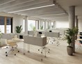 Coworking Space: Flex Desks im größten Raum - mit breiter Fensterfront, die direkt auf die großzügige Fußgängerpromenade blickt. - Lakefirst