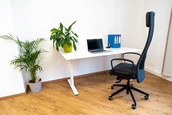 Coworking Space: Beispiel für Arbeitsplatz mit höhenverstellbarem Tisch - Ibex Web Space Coworking Obertrum