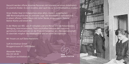 Coworking Spaces - Aargau - Arbeitsplätze in hellem, grosszügigem Gemeinschaftsatelier in Baden