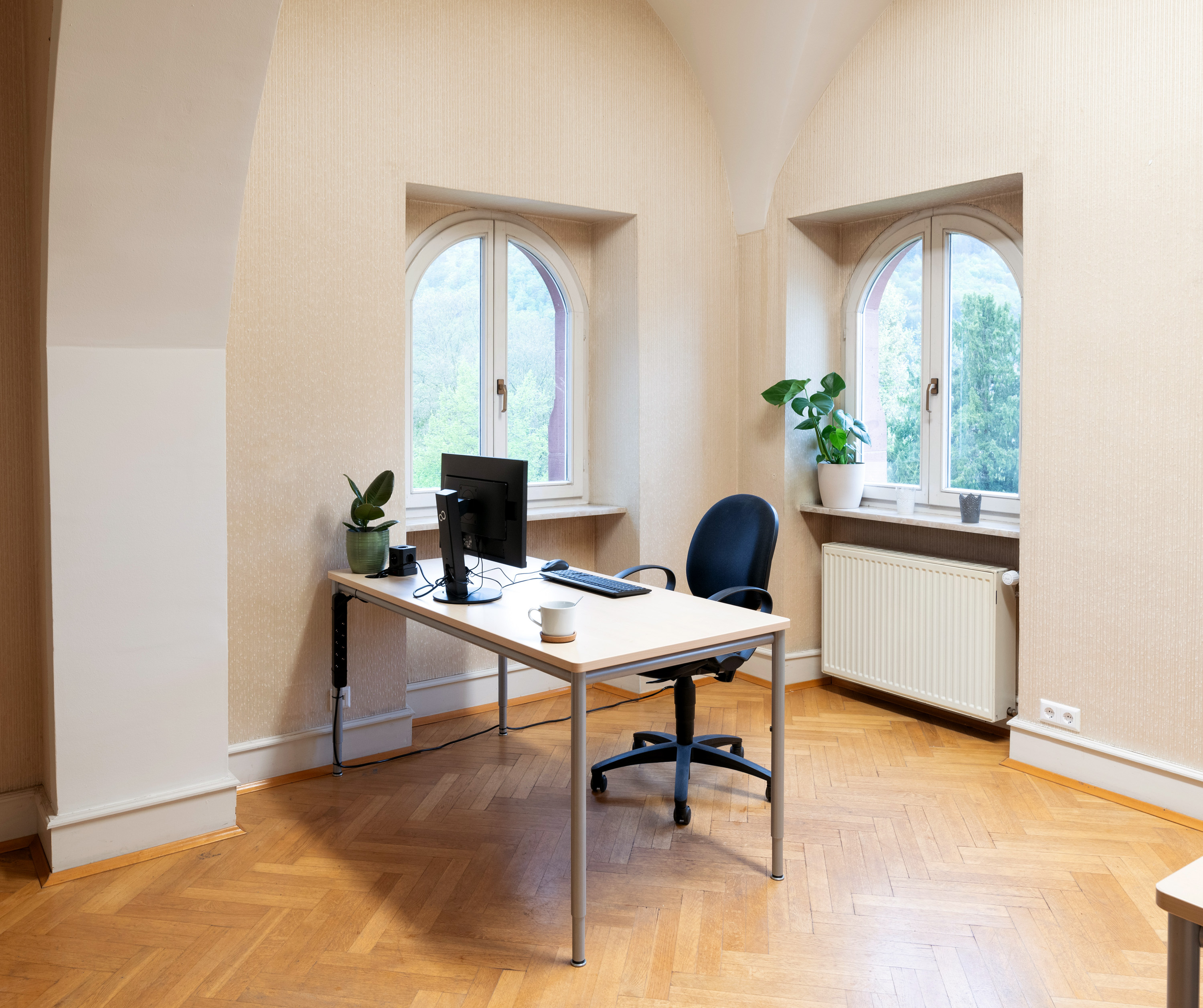 Coworking spaces - Baden-Württemberg - Coworkingplatz, ausgestattet mit Monitor, Tastatur, Maus und Docking Station - FREIRÄUME Neckargemünd-Villa Menzer